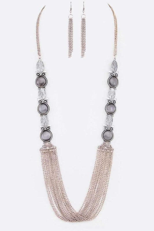 Moonstone Owl Iconic Multi Chain Long Necklace Set