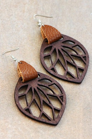 Bohemian Wood Earrings With Brown Leather Accent