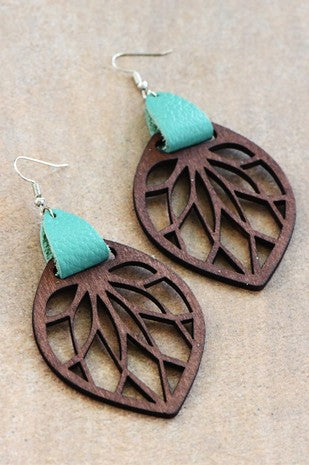 Bohemian Wood Earrings With Brown Leather Accent