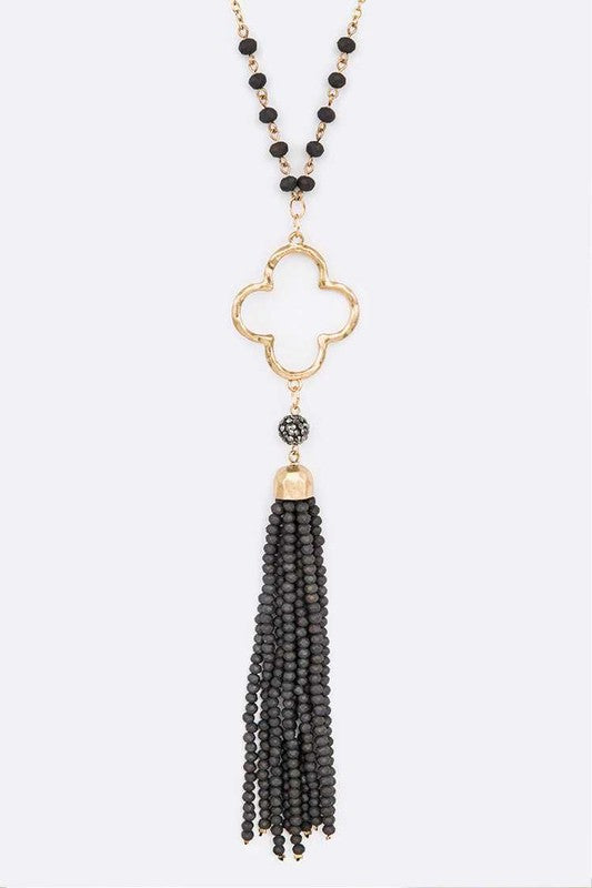 Beaded Tassel Clover Pendant Long Necklace