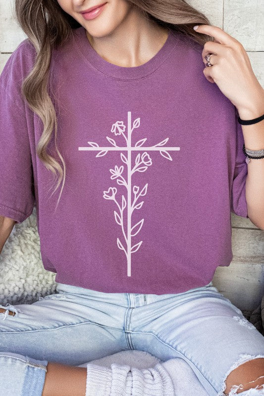 Floral Cross Easter Comfort Colors Graphic Tee