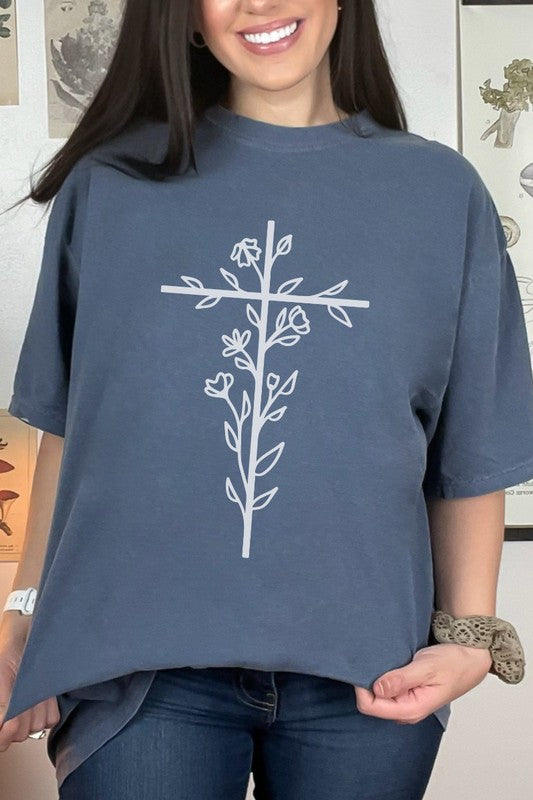 Floral Cross Easter Comfort Colors Graphic Tee