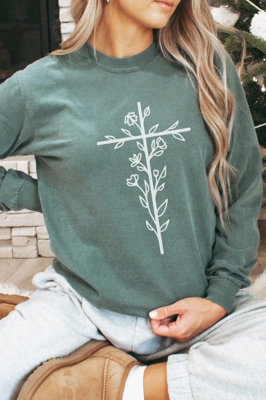 Floral Cross Easter Comfort Colors Long Sleeve