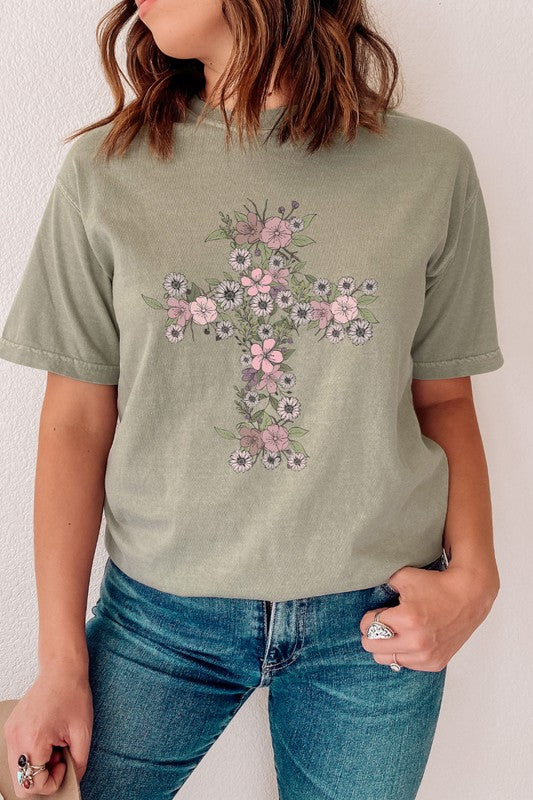 Floral Cross Easter Comfort Colors Graphic Tee