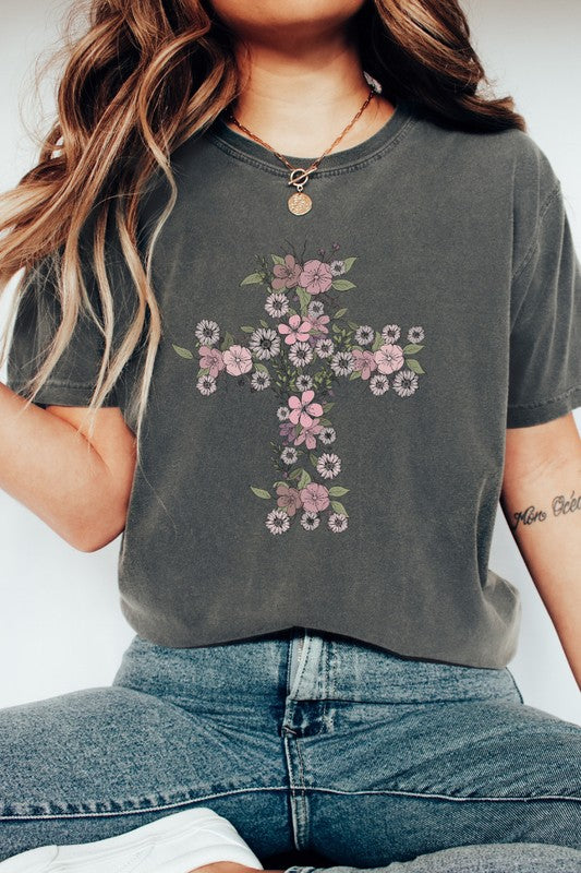 Floral Cross Easter Comfort Colors Graphic Tee