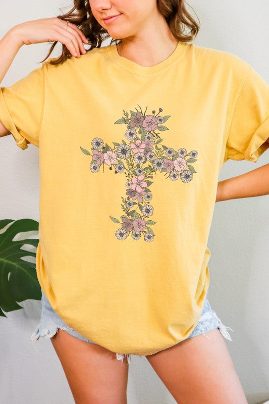 Floral Cross Easter Comfort Colors Graphic Tee