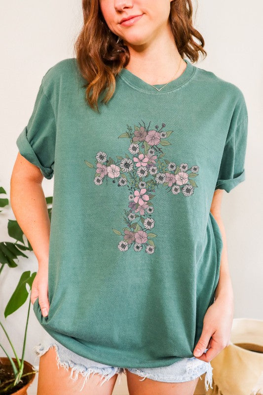 Floral Cross Easter Comfort Colors Graphic Tee