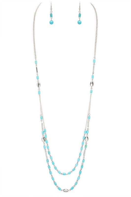 Long Layered Turquoise Beaded Necklace Set