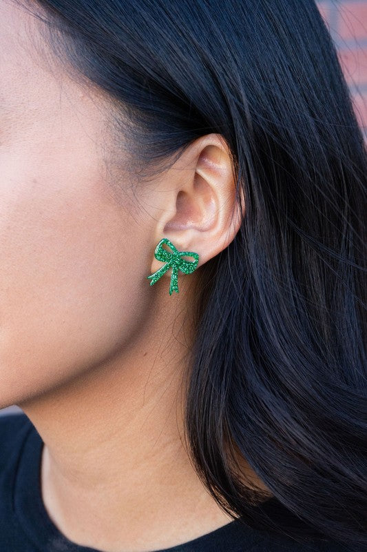 Bow Studs - Green Glitter