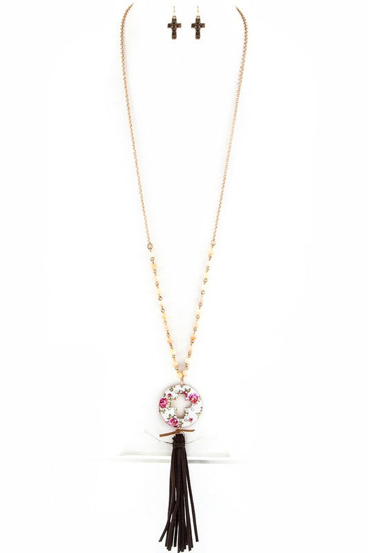 Rose Print Cutout Cross Disk Suede Tassel Necklace