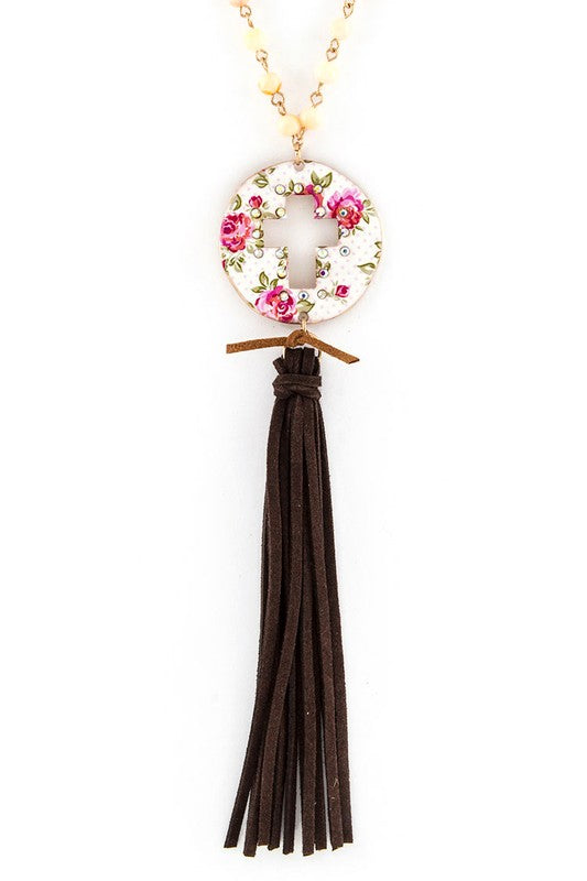 Rose Print Cutout Cross Disk Suede Tassel Necklace